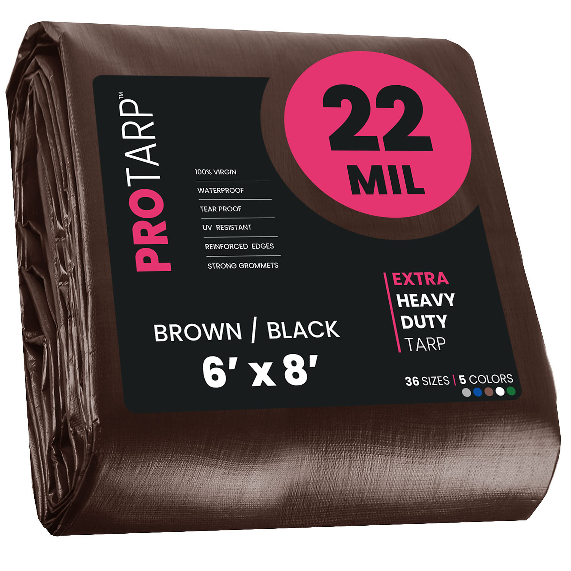 Protarp Extreme Heavy-Duty Tarp Cover — 6ft. x 8ft., 22 Mil, Waterproof, UV Resistant, Rip and Tear Proof, Reinforced Edges, Brown/Black, Model# PT-202-6X8
